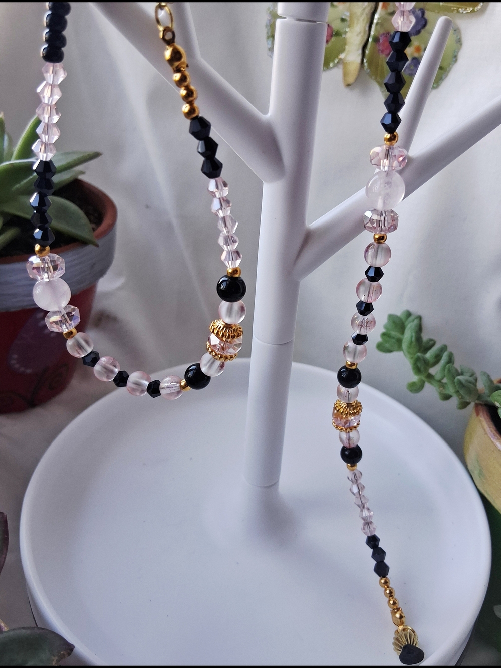 Handmade Lt. Pink and Black Beaded Eyeglass Chain w/Gold Accents